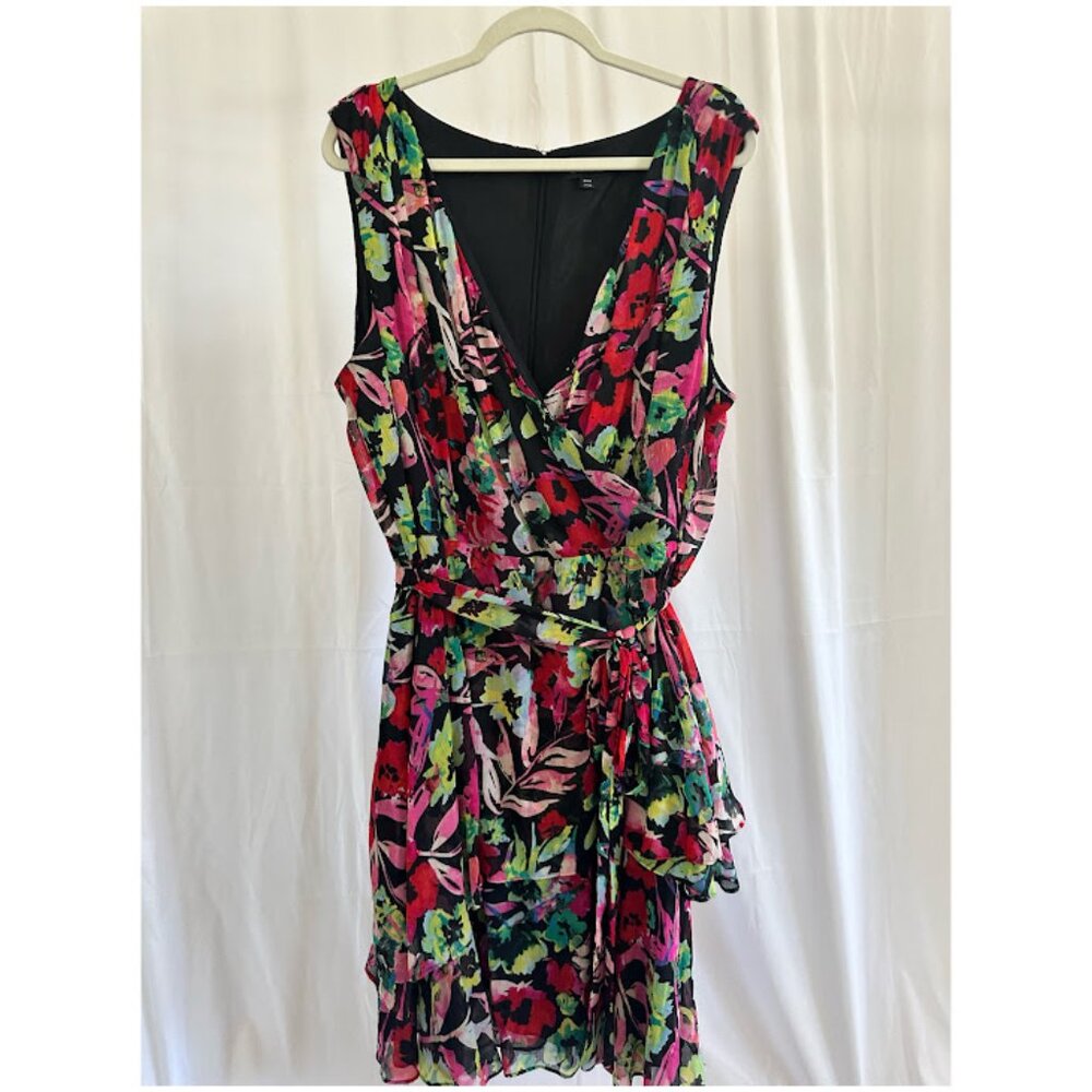 Tahari ASL Women's Plus 24W bright floral wrap front dress with ruffled skirt